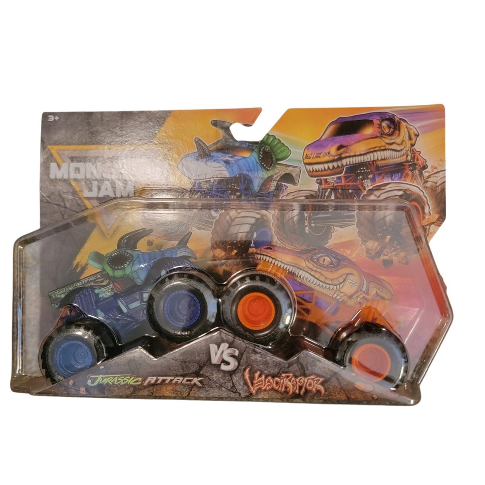 Monster Jam Jurassic Attack vs Velociraptor 2-Pack 1:64 Scale New Dino Trucks